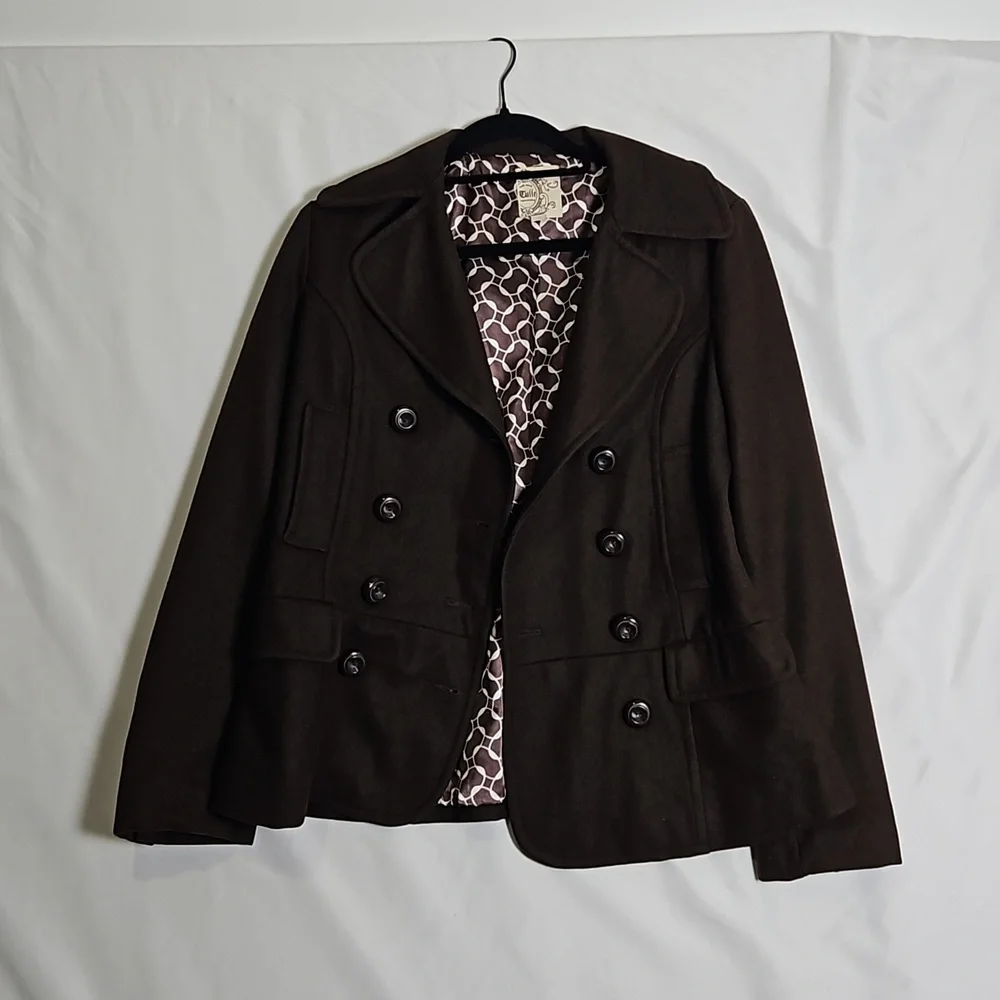 Tulle Wool Double Breasted Pea Coat Brown